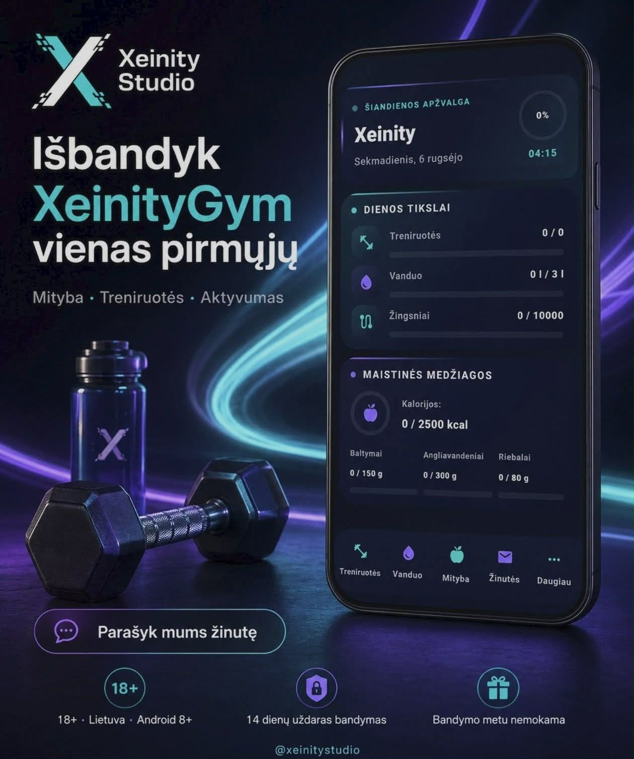 Išbandyk XeinityGym vienas pirmųjų: mityba, treniruotės ir aktyvumas telefone. 18+, Lietuva, Android 8+. 14 dienų uždaras bandymas, bandymo metu nemokama.